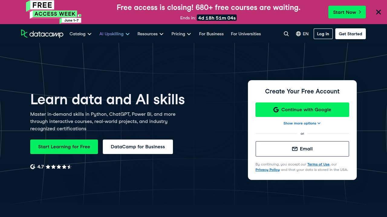 DataCamp's website, known for its hands-on data science and AI courses.