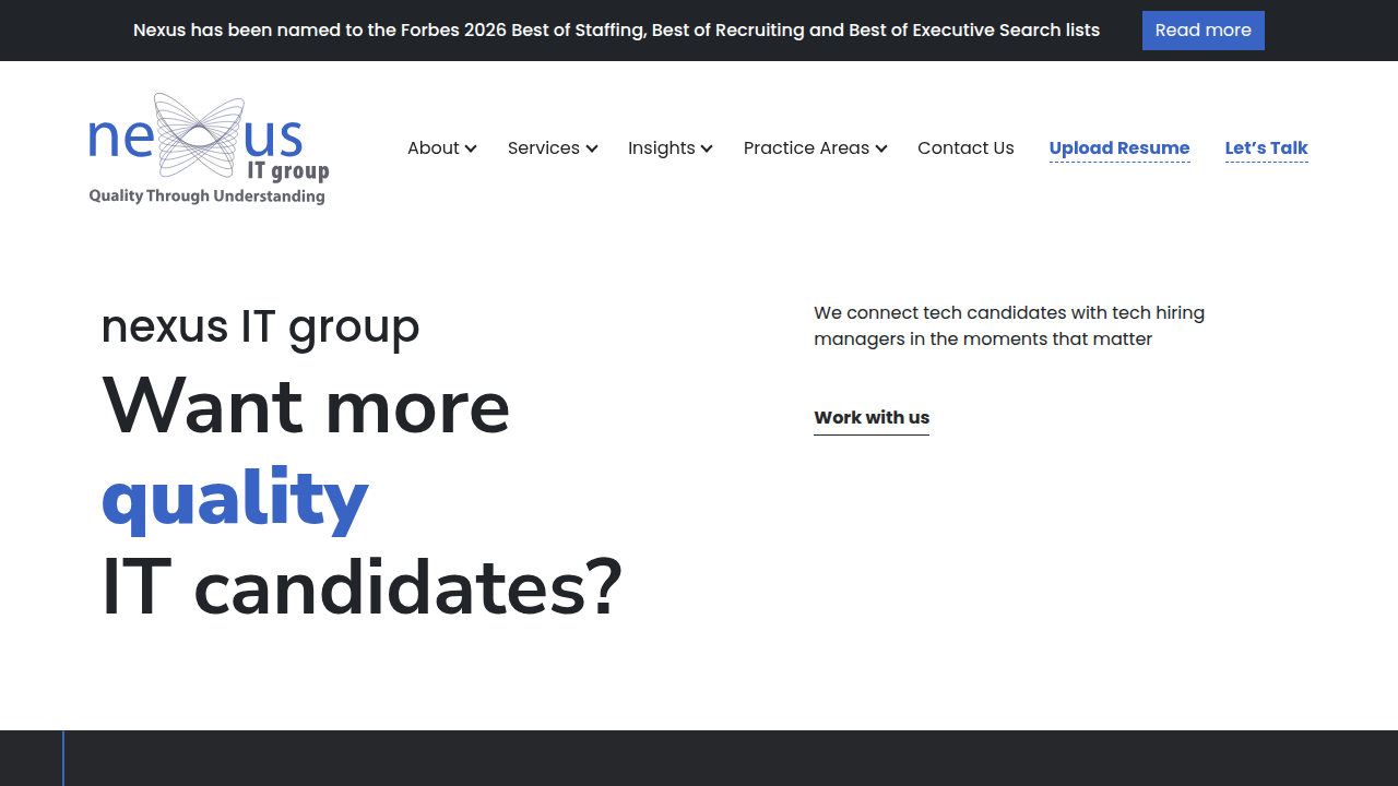 A screenshot of Nexus IT Group's website, featuring resources like interview preparation guides for software developers.