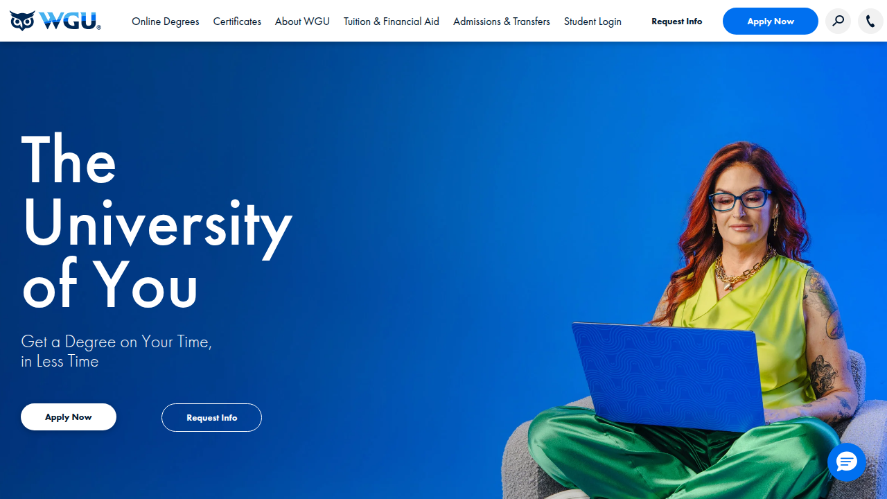 Screenshot of Western Governors University's homepage, a provider of online information technology degree programs.