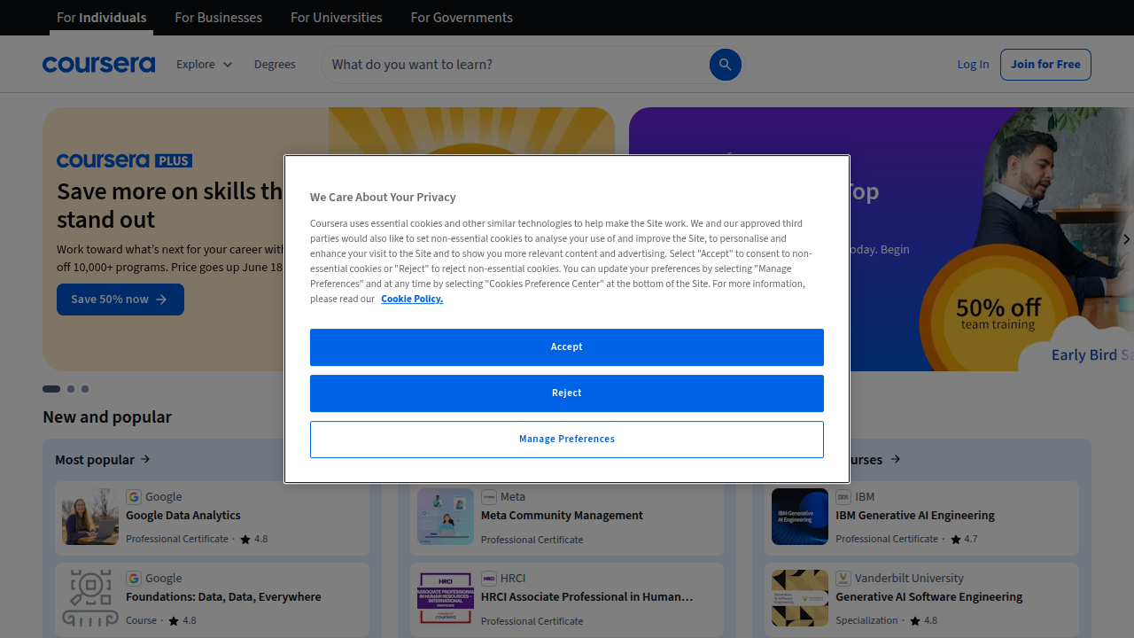 Screenshot of Coursera's homepage, an online learning platform offering courses and specializations in AI and MLOps.