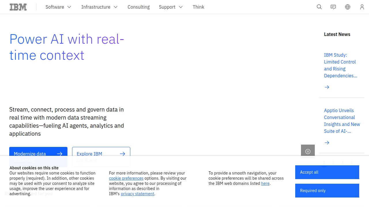 A screenshot of the IBM homepage, a leading resource for insights into various types of artificial intelligence.