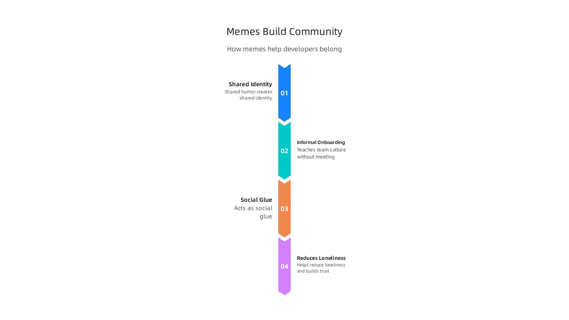 An infographic summarizing how technology memes contribute to community and belonging among developers.