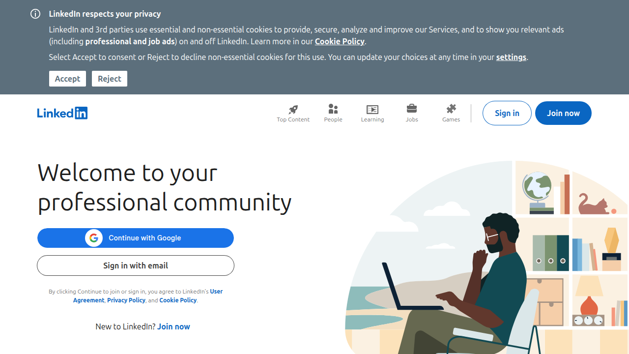 Screenshot of the LinkedIn homepage, a platform often used for career insights and networking.
