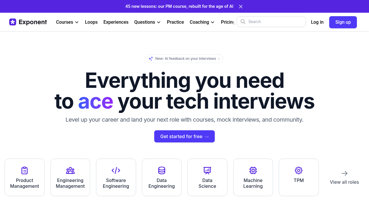 Screenshot of the Exponent homepage, a resource for tech career guidance and job referrals.