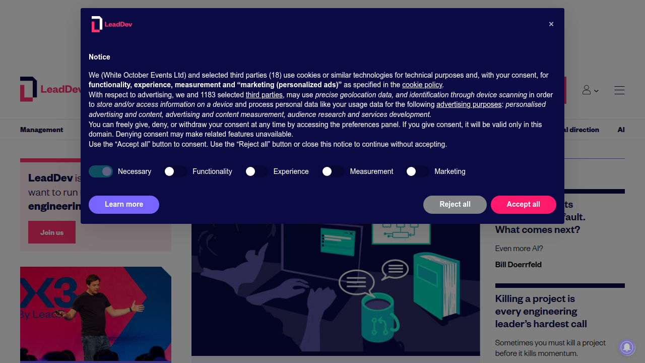The LeadDev homepage, a resource for engineering leaders, offering insights like an AI coding tools buying checklist.