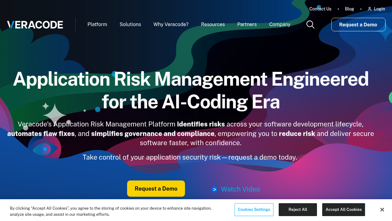 The Veracode homepage, a leading platform for application security testing and insights into AI-generated code risks.