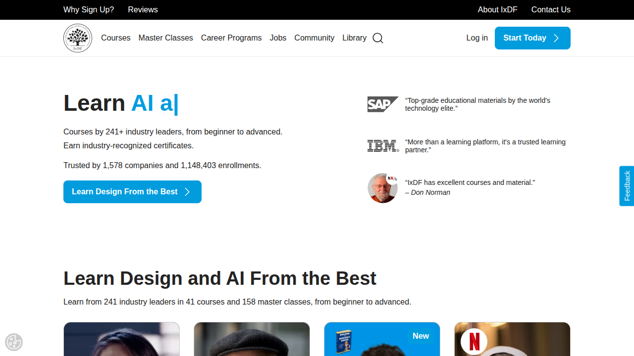 Screenshot of the homepage for the Interaction Design Foundation, a resource for UX and H-AI interaction.