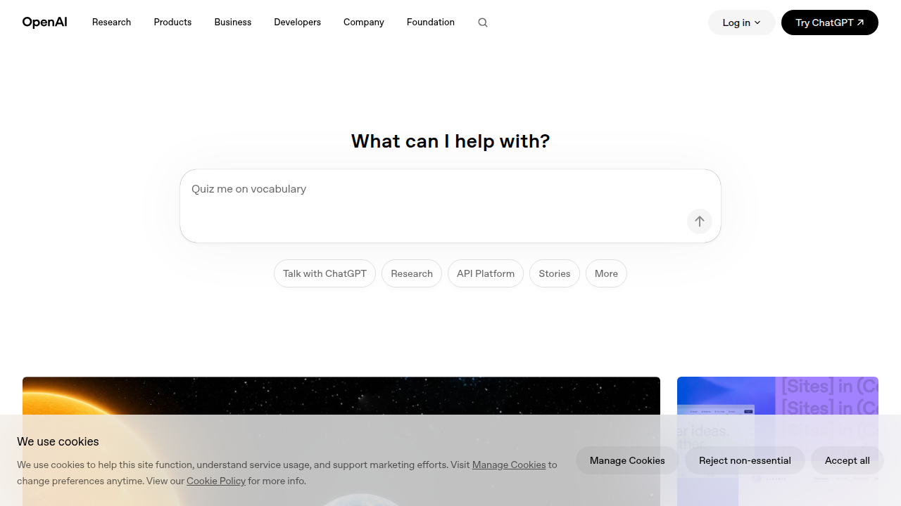 Screenshot of the OpenAI website, a leading resource for large language models and prompt engineering techniques.