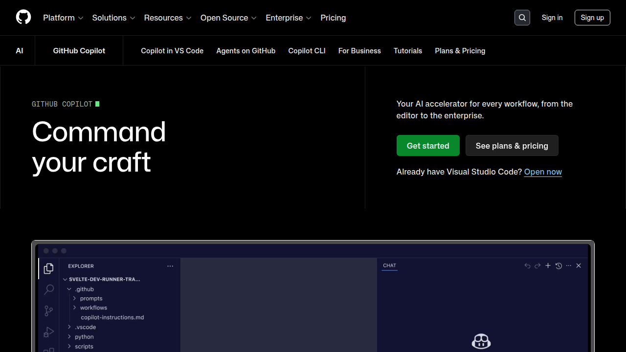 Screenshot of GitHub Copilot, an AI-powered coding assistant for developers.