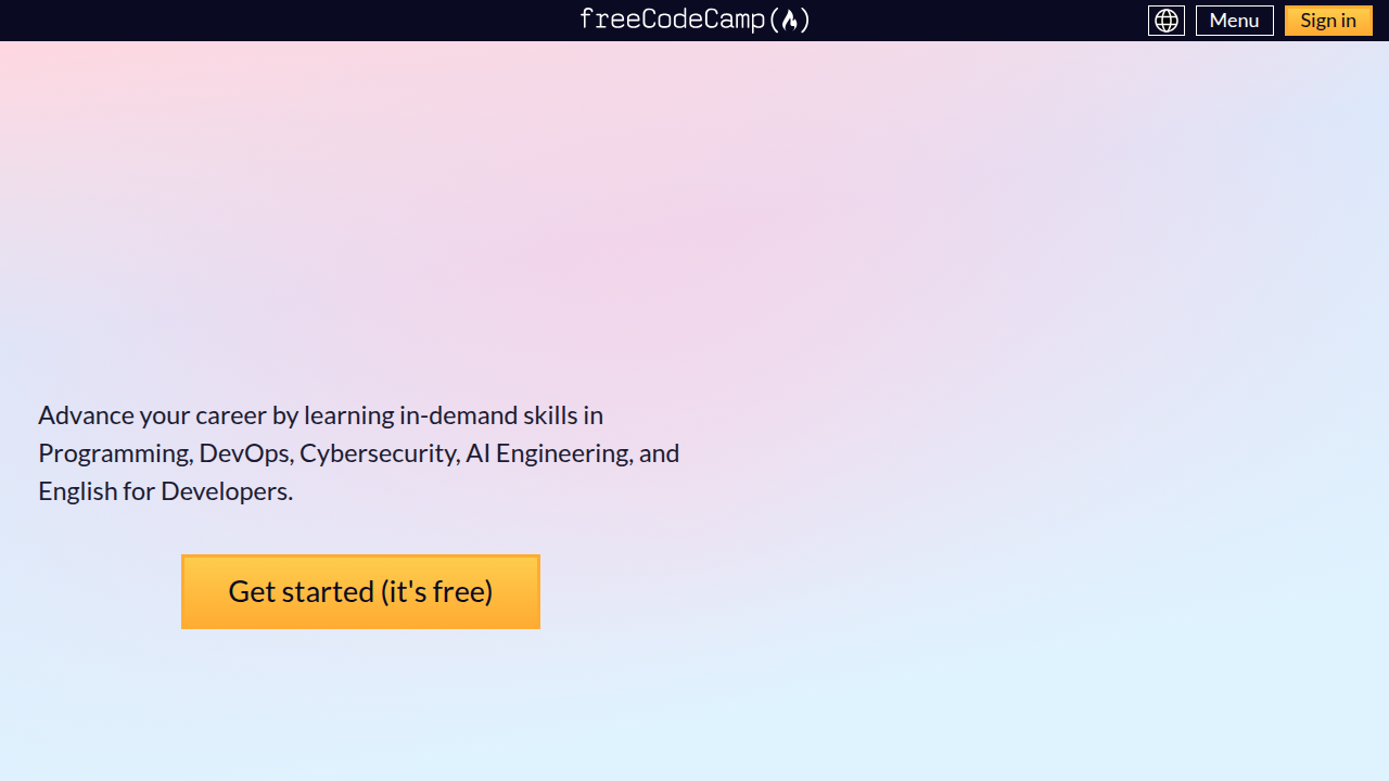 freeCodeCamp's homepage, showcasing its comprehensive, project-based curriculum for full-stack development.