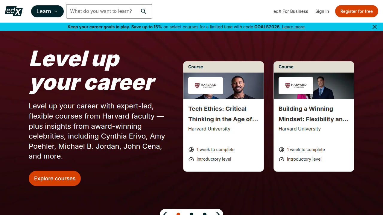 The edX homepage, a platform offering high-quality online courses from top universities, including Harvard's CS50.