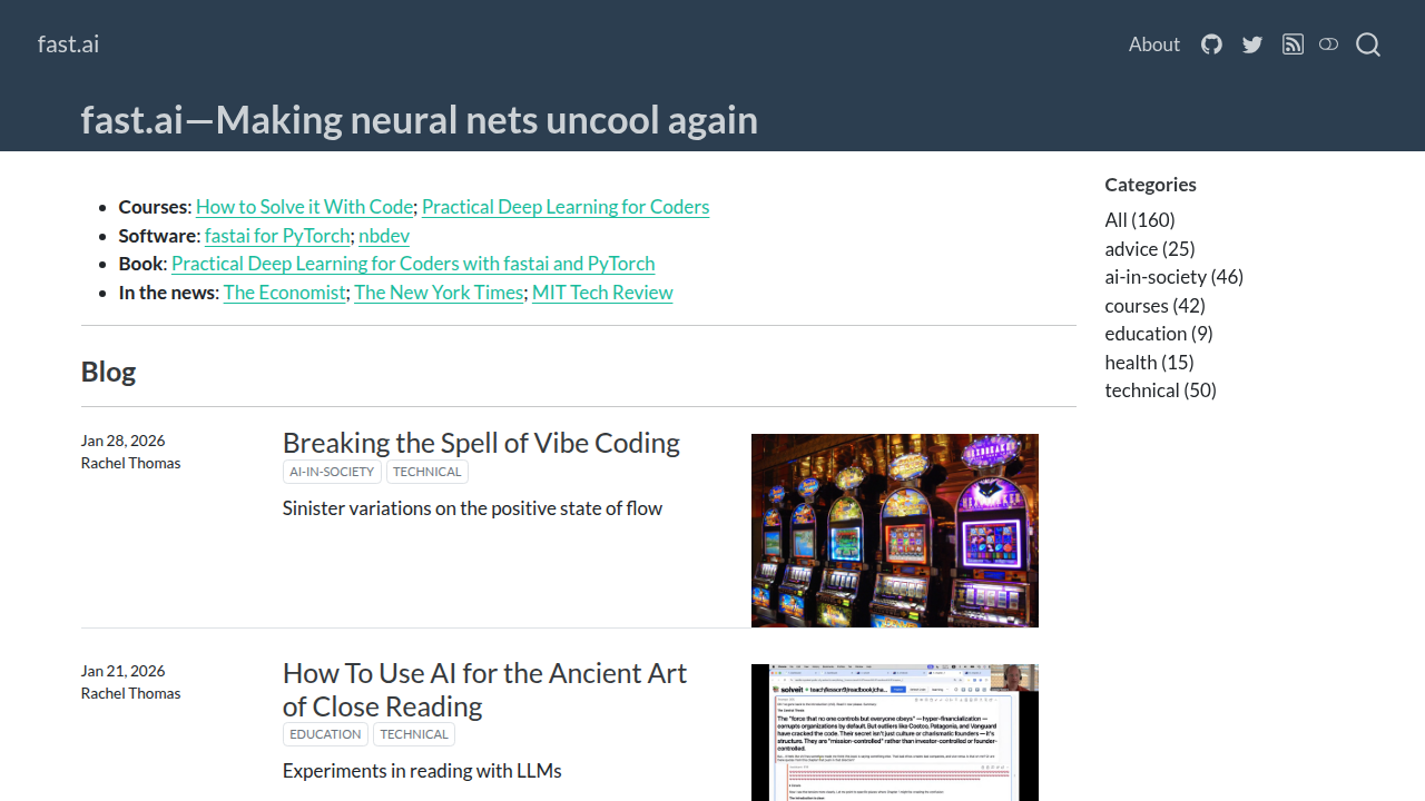 The Fast.ai homepage, promoting its practical, top-down approach to deep learning for coders.