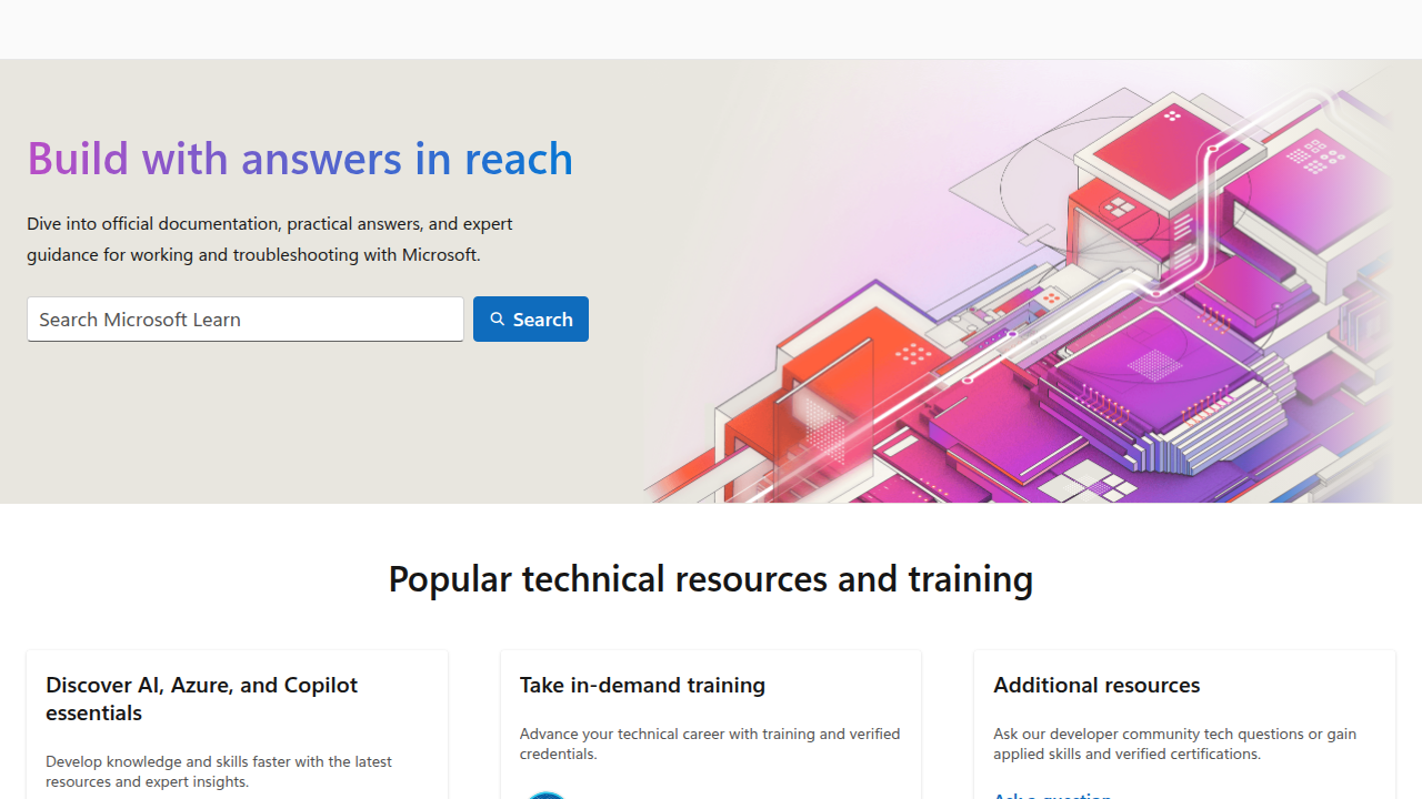 Microsoft Learn's homepage, offering free, role-based learning paths in AI, cloud, and software development.