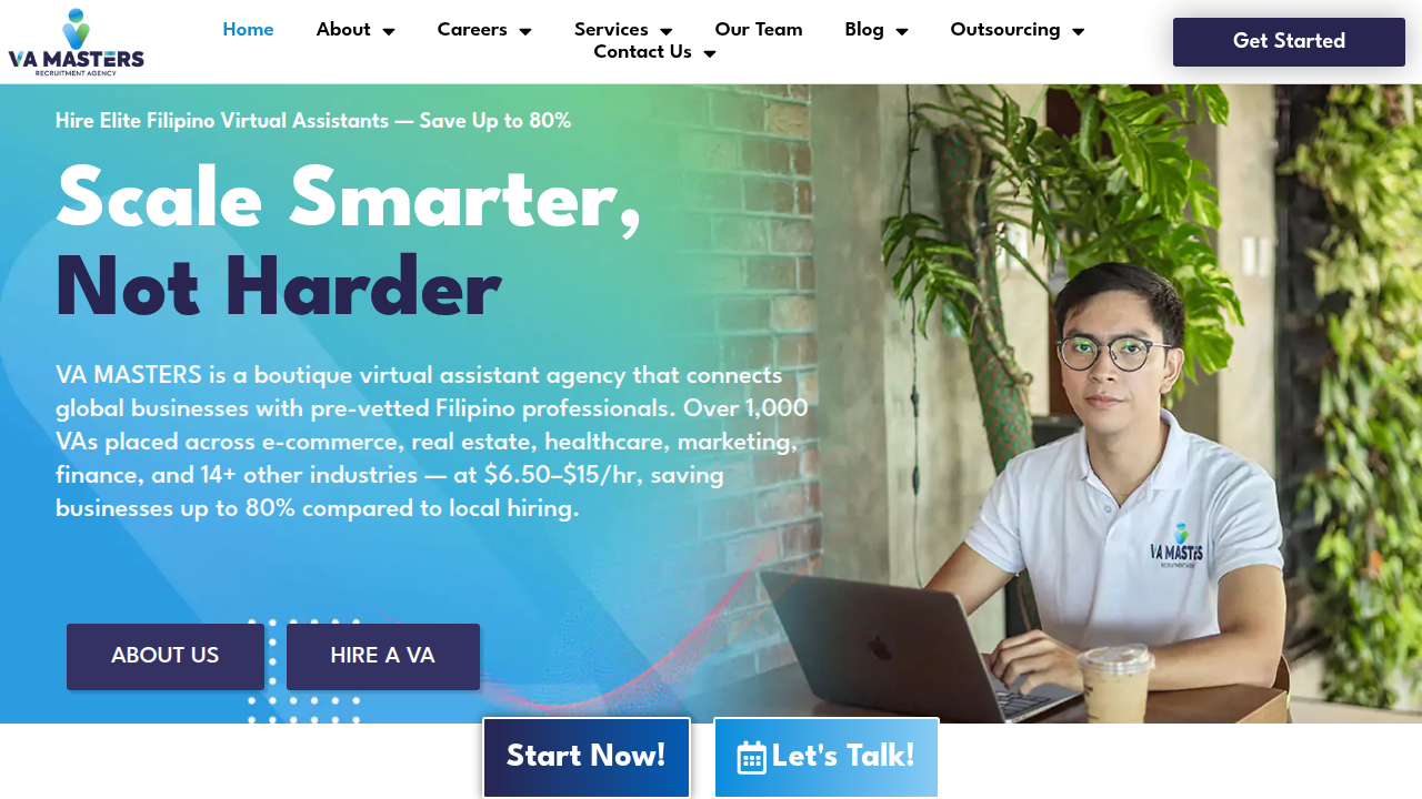 A screenshot of the VAMasters homepage, a resource for hiring and outsourcing insights.