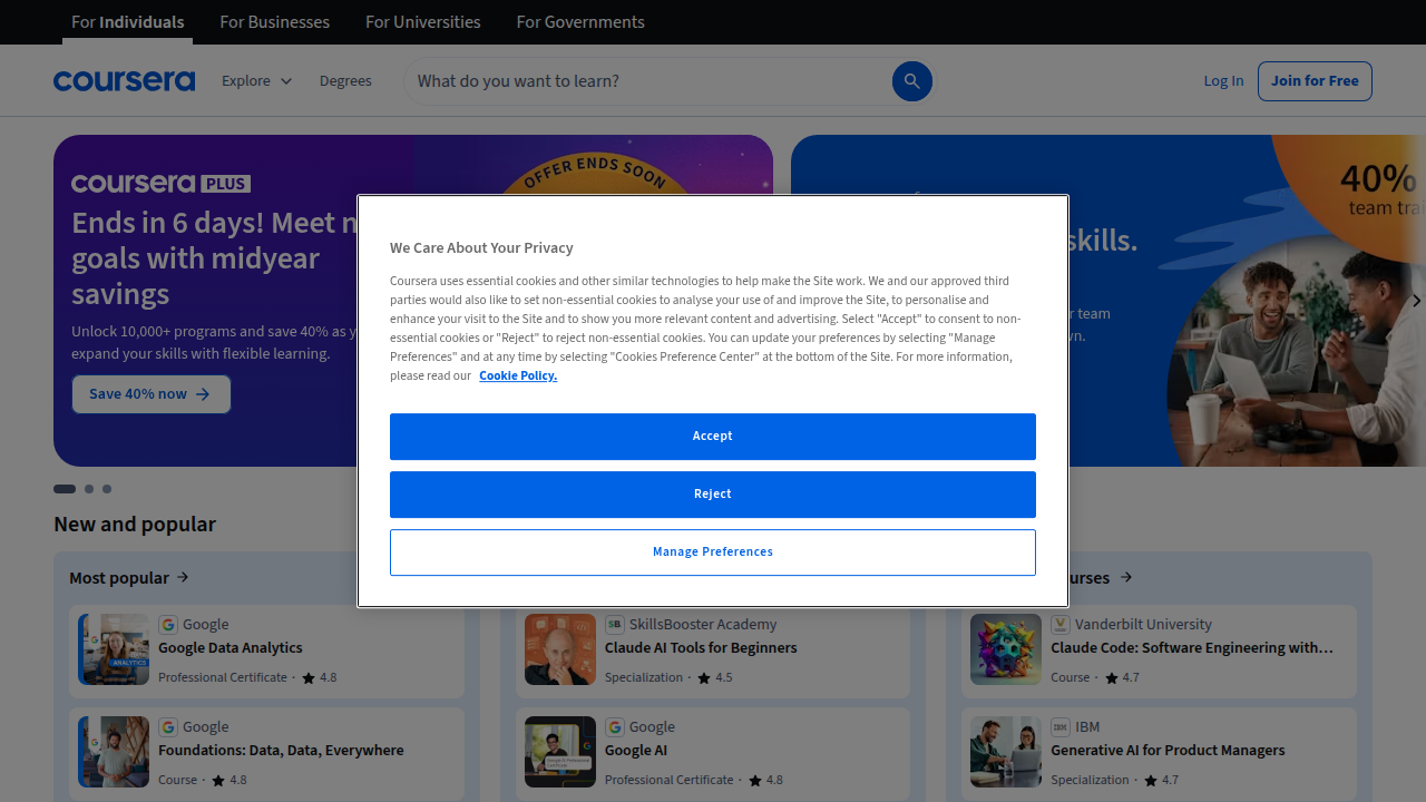 Explore Coursera's official website, a leading platform for online learning and career advancement.