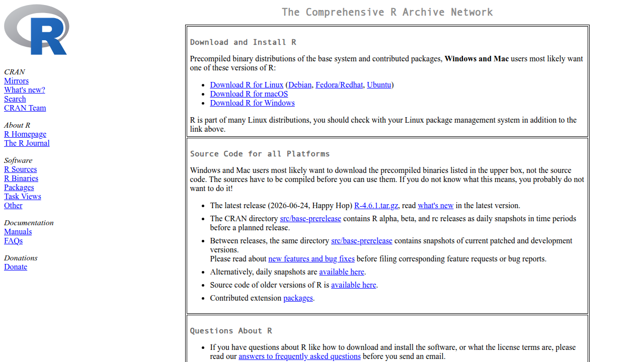 The Comprehensive R Archive Network, source for R packages and documentation.