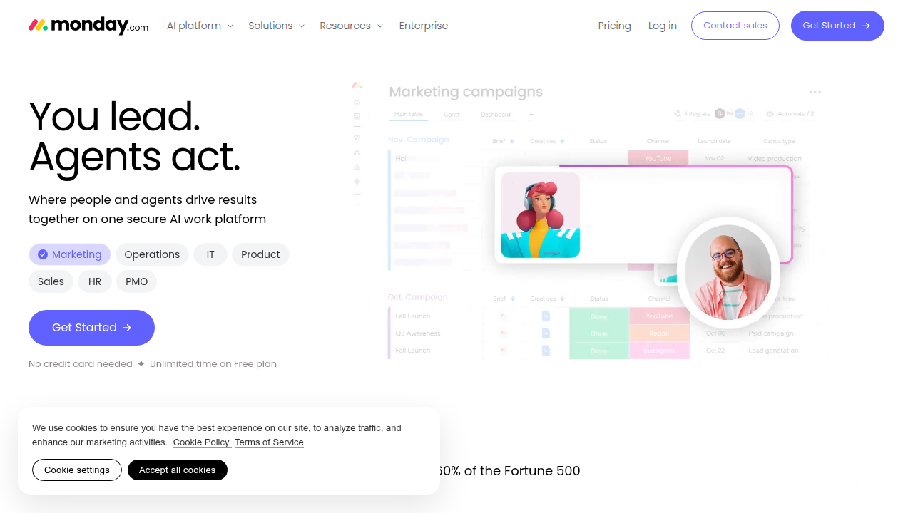 The homepage of monday.com, a popular project management and work operating system, demonstrating an alternative to Airtable for task management.