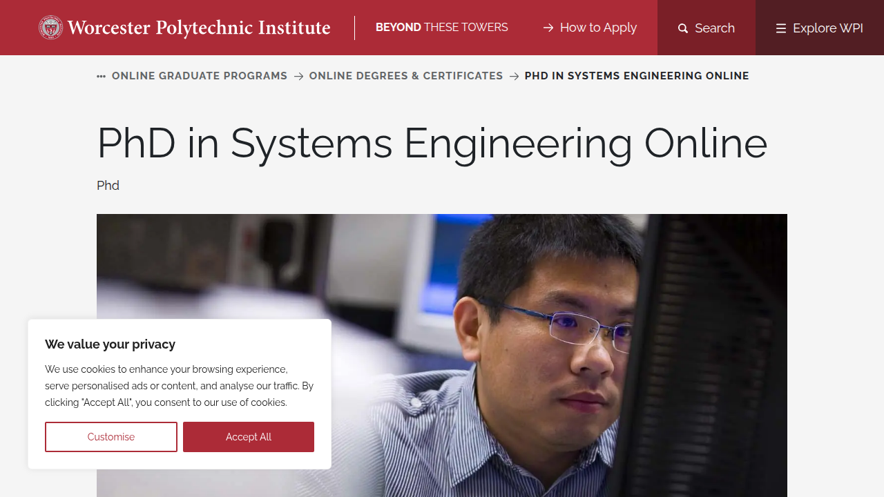 Website for Worcester Polytechnic Institute's online Systems Engineering PhD program.