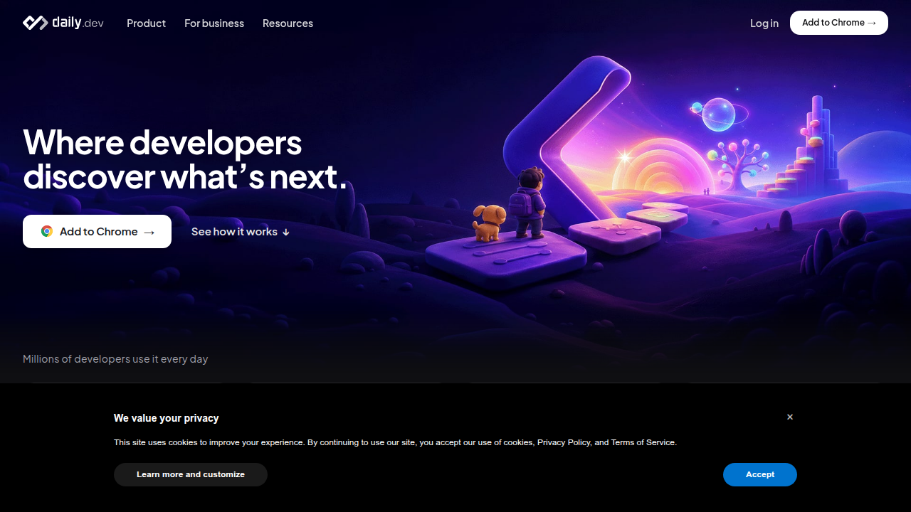 A screenshot of the Daily.dev homepage, a platform that aggregates developer news and tools, reflecting how developers stay updated.