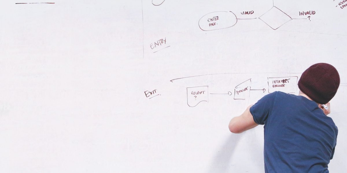 A person actively outlining a strategy on a whiteboard, illustrating the process of creating a smart learning plan for core developer domains.
