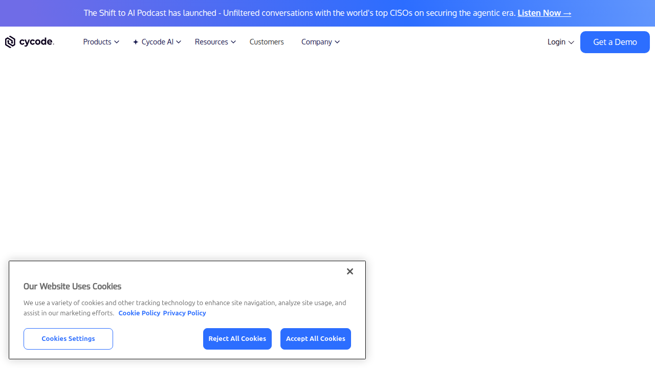 A screenshot of the Cycode homepage, a platform focused on software supply chain security and AI security vulnerabilities.