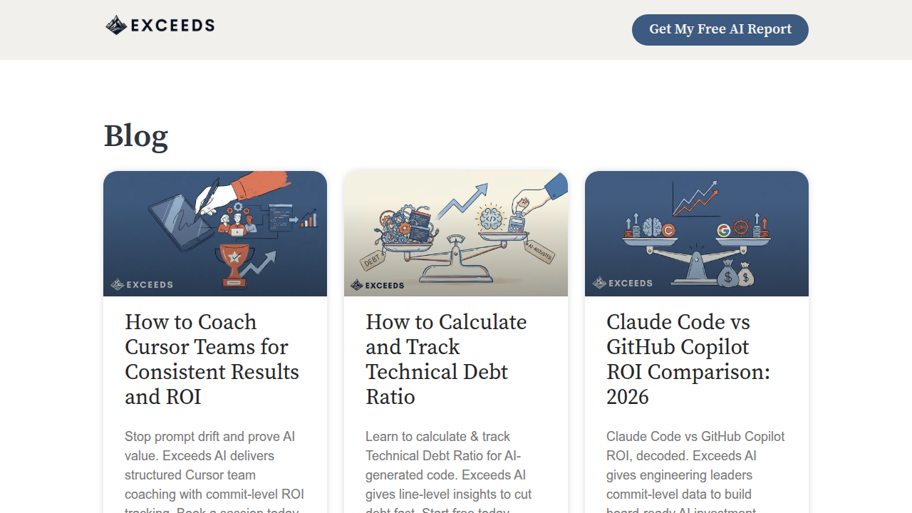 A screenshot of the Exceeds AI blog homepage, featuring insights into AI productivity gains in software engineering, with data from 2026.