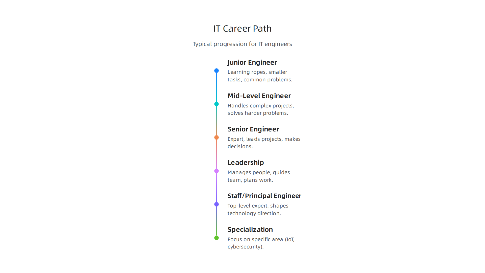 Illustrating the typical career path for an IT engineer, from junior roles to leadership and specialization.