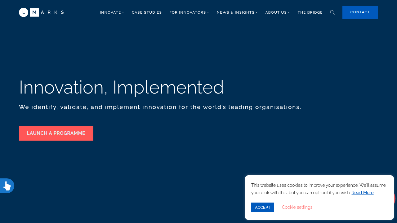 A screenshot of the L Marks homepage, a resource for corporate innovation and innovation labs.