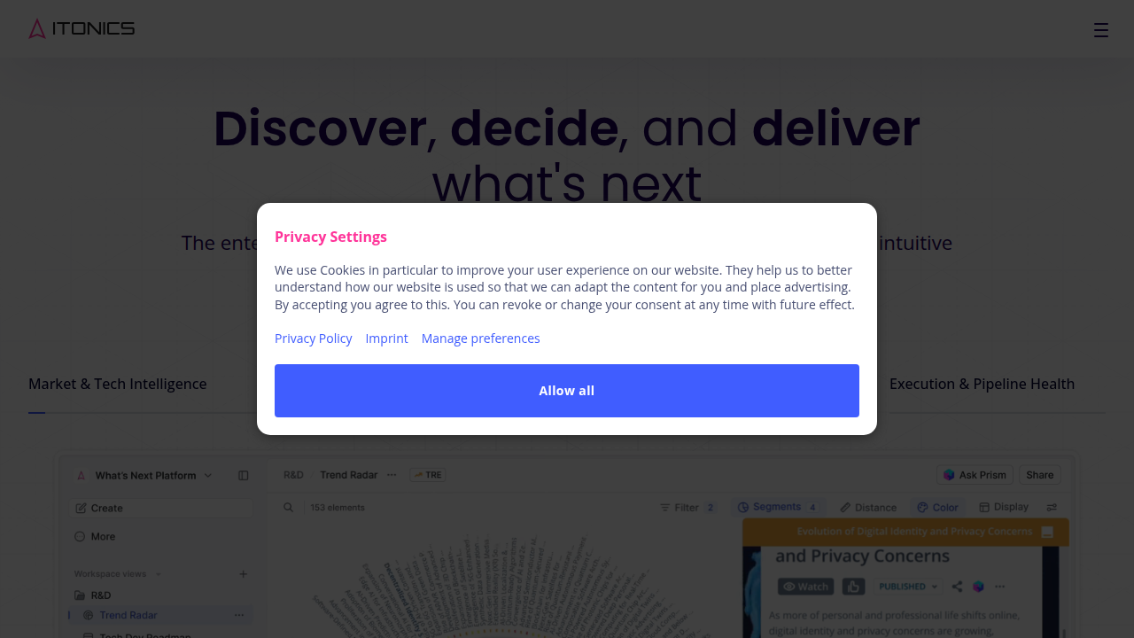 A screenshot of the Itonics Innovation homepage, a platform for innovation management and strategy.