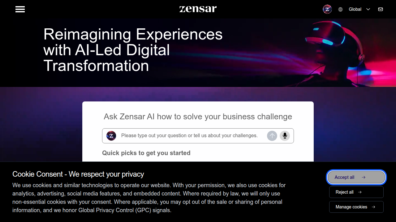 The official website of Zensar Technologies, showcasing their focus on digital engineering and AI.