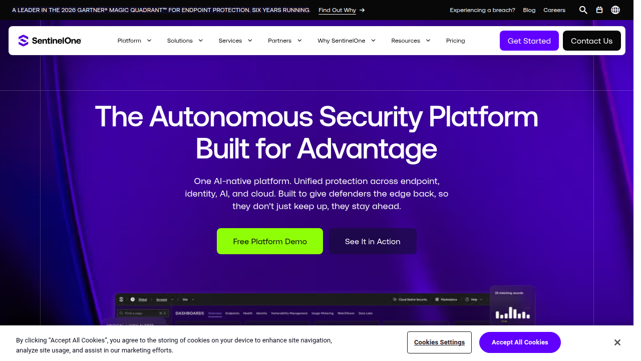 The homepage of SentinelOne, a cybersecurity company, highlighting their solutions relevant to AI security standards.