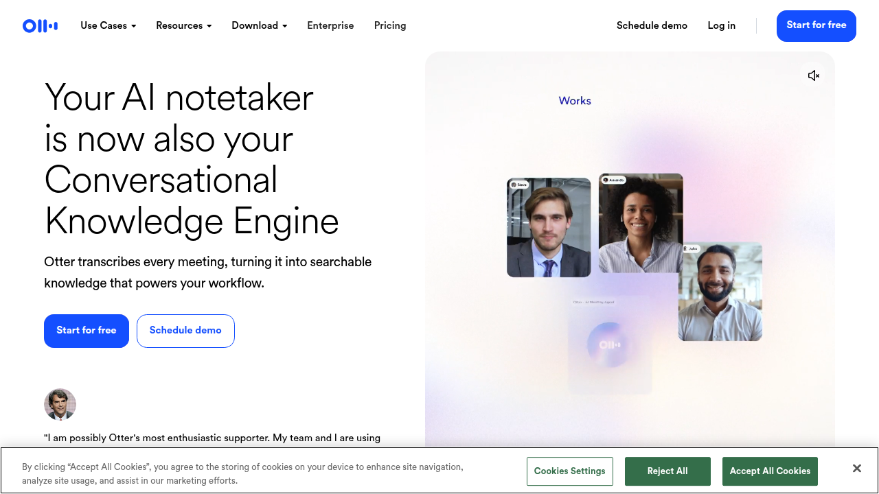 The Otter.ai website, showcasing its AI-powered meeting transcription and summarization services.