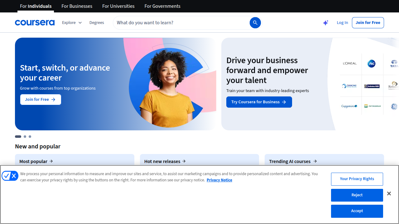 Screenshot of the Coursera online learning platform, offering various courses and specializations.