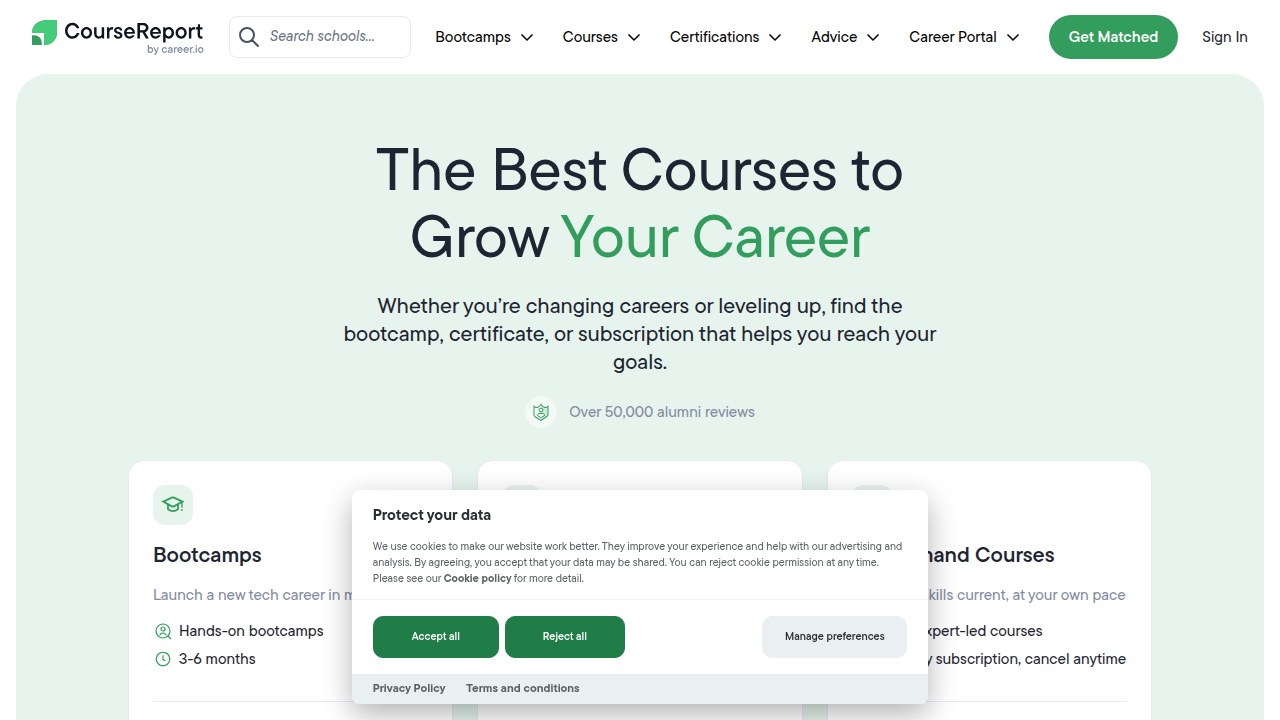 Screenshot of the Course Report website, specializing in comparing coding bootcamps.