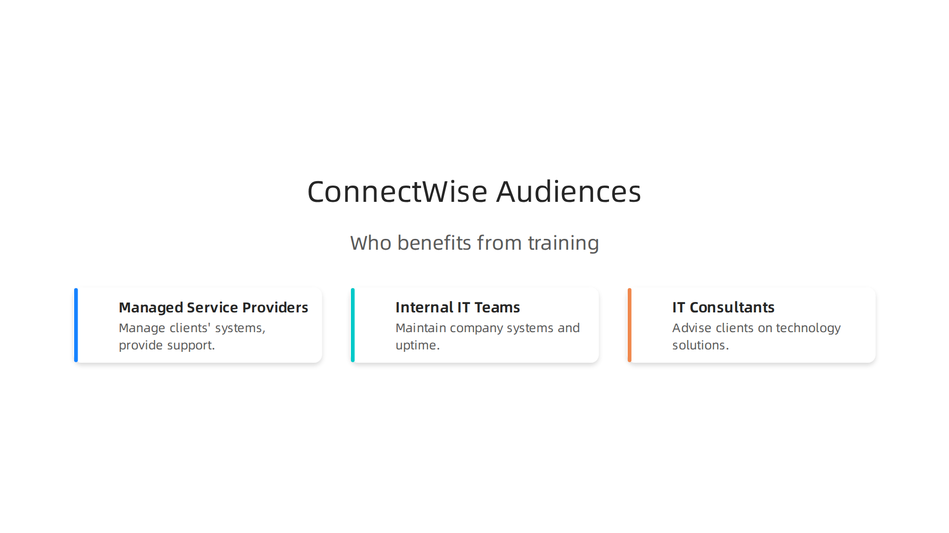An infographic outlining the primary audiences that benefit from ConnectWise University training.