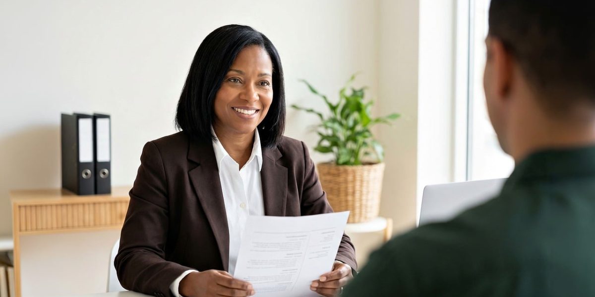 Two professionals engaged in a focused discussion during a job interview, highlighting interaction and assessment.