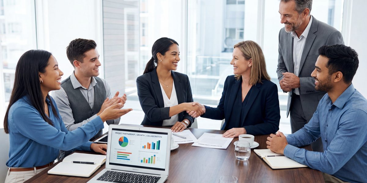A handshake between two professionals, symbolizing a successful agreement or job offer negotiation.